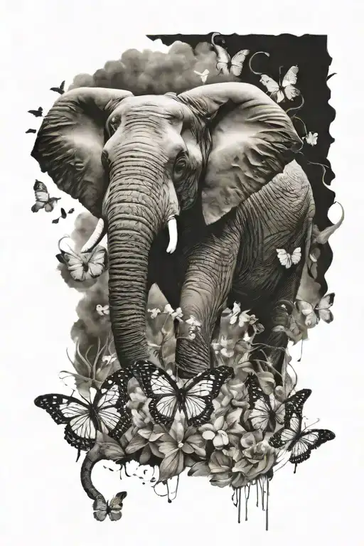 elephant  with butterflies   tattoo design idea