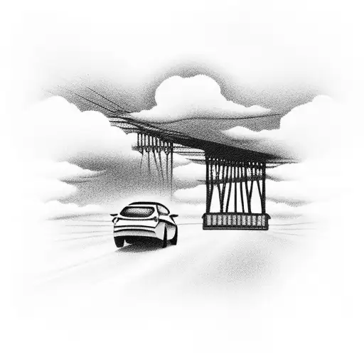 Car Driving on a flyover bridge towards the clouds during sunset while In My Time of Dying by Led Zeppelin plays tattoo design idea