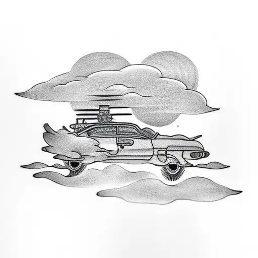 Car Driving towards the clouds during sunset while In My Time of Dying by Led Zeppelin plays tattoo design idea