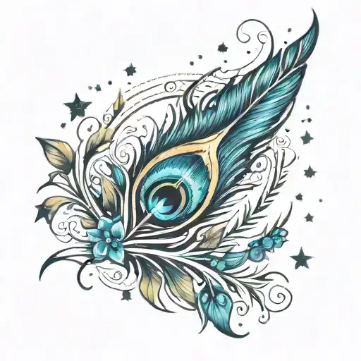 Peacock feather and galaxy filled with stars tattoo design idea