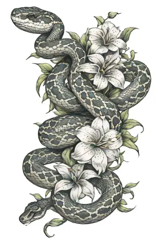 realistic python snake flowers Jethro Lincoln  tattoo design idea