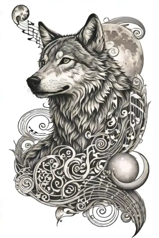 A detailed tattoo of a majestic wolf howling at a full moon, with musical notes floating around, blending interests in canines and music tattoo design idea