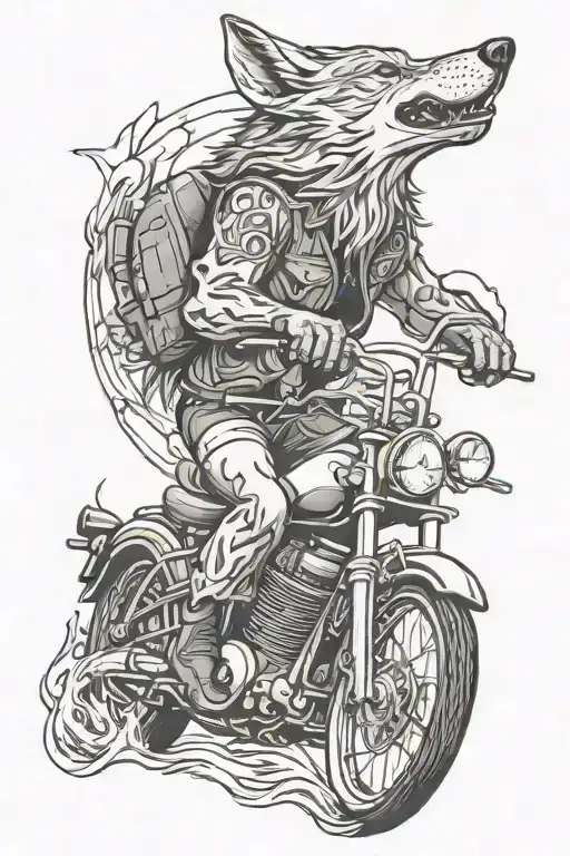 An intricate tattoo design of a wolf riding a motorcycle through a mountainous landscape, representing a love for canines, bikes, and mountains tattoo design idea