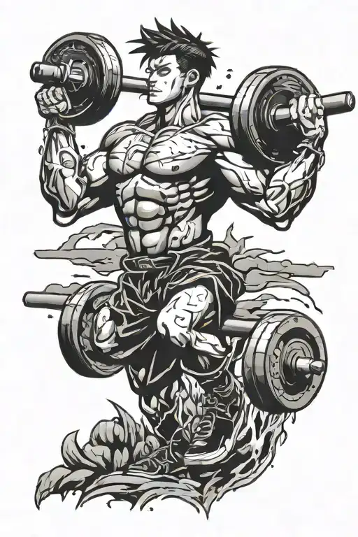 A half sleeve tattoo featuring a powerful anime character lifting weights in a gym setting, showcasing a passion for fitness and anime tattoo design idea