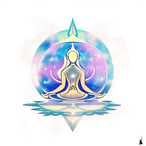 A tattoo design of a mysterious figure meditating under the Northern Lights, representing the client's desire to explore the depths of the universe and spirituality tattoo design idea