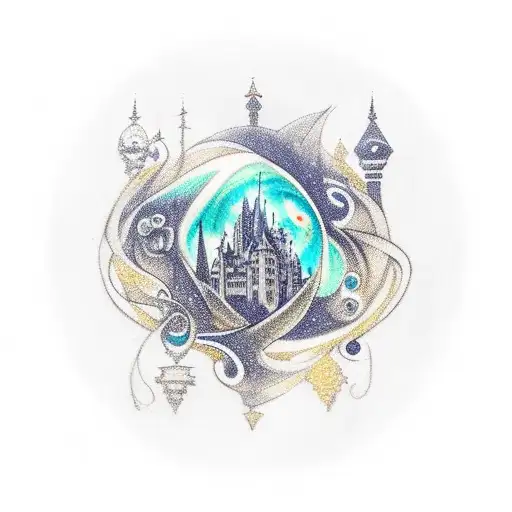 A tattoo design featuring a mysterious gothic castle surrounded by swirling galaxies, symbolizing the connection between gothic stories and the universe tattoo design idea