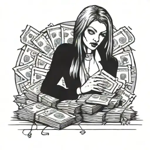 A mysterious and alluring femme fatale holding a stack of cash, embodying the client's fascination with women and wealth tattoo design idea
