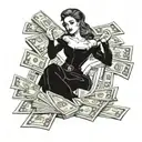 A mysterious and alluring femme fatale holding a stack of cash, embodying the client's fascination with women and wealth tattoo design idea