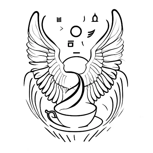 A minimalist tattoo of a coffee cup with wings, symbolizing the energy and passion for business improvement. tattoo design idea