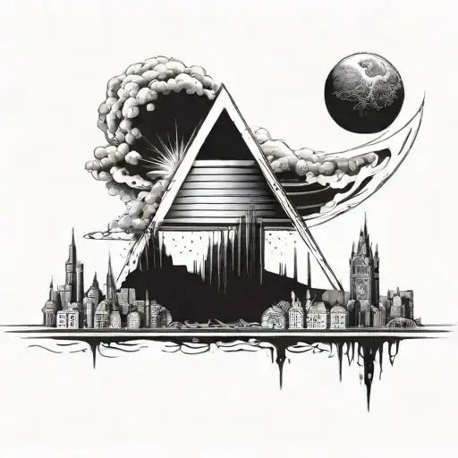 A surrealistic design incorporating iconic Pink Floyd imagery, such as the prism from Dark Side of the Moon, with a futuristic cityscape representing planning tattoo design idea