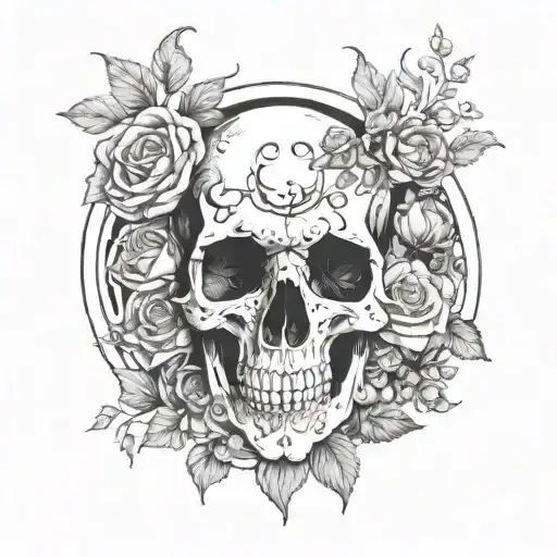 An elegant composition of a moon phases incorporated into a floral wreath around a skull tattoo design idea