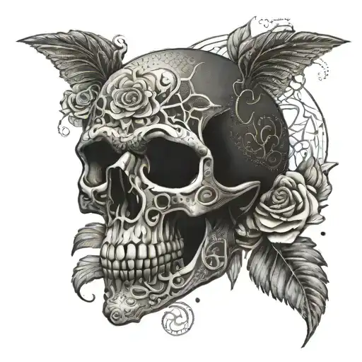 A dotwork design of a skull with intricate floral patterns emerging from its eye sockets, under a full moon tattoo design idea