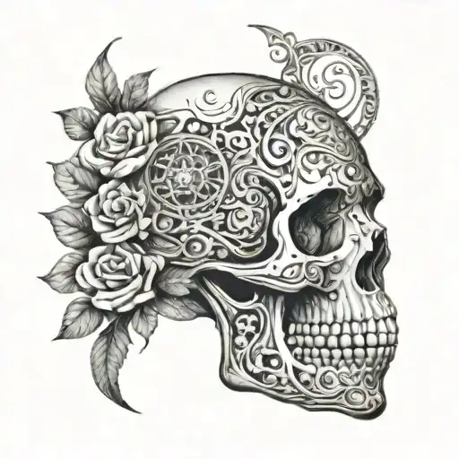 A skull made of moon phases surrounded by intricate floral patterns tattoo design idea