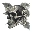 A dotwork design of a skull with intricate floral patterns emerging from its eye sockets, under a full moon tattoo design idea