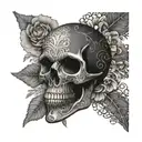 A dotwork design of a skull with intricate floral patterns emerging from its eye sockets, under a full moon tattoo design idea