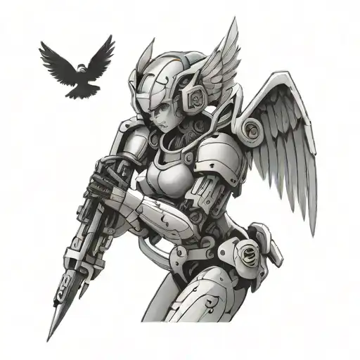 Create a tattoo featuring a mechanical angel inspired by anime aesthetics tattoo design idea