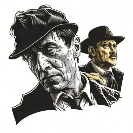 Create a design where characters like Tony Montana, Tommy Shelby, Homer Simpson, Rick Sanches meet. tattoo design idea