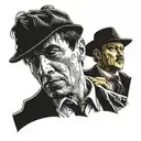 Create a design where characters like Tony Montana, Tommy Shelby, Homer Simpson, Rick Sanches meet. tattoo design idea
