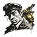 Create a design where characters like Tony Montana, Tommy Shelby, Homer Simpson, Rick Sanches meet. tattoo design idea