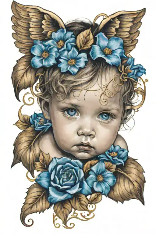 the face of a baby angel with gold and blue flowers tattoo design idea