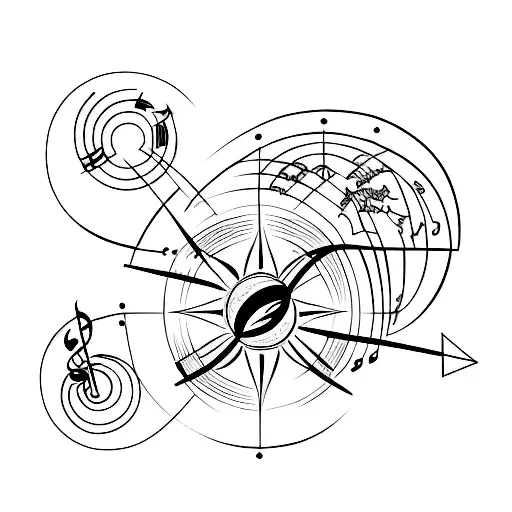 A minimalist tattoo of a globe with music symbols integrated into the continents. tattoo design idea