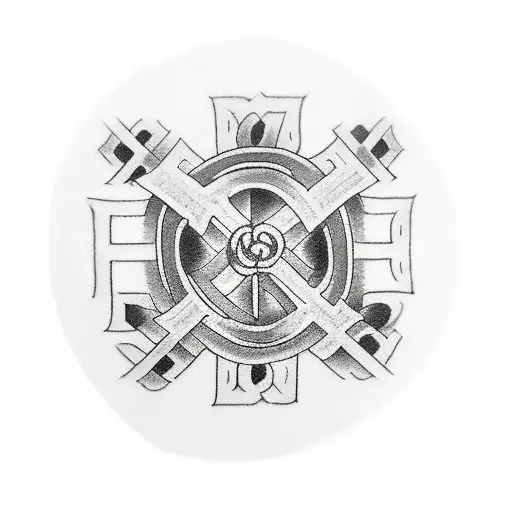  I have an existing piece on my anterior deltoid, a cross with some symbols and wording around it that’s about 7 inches  tattoo design idea