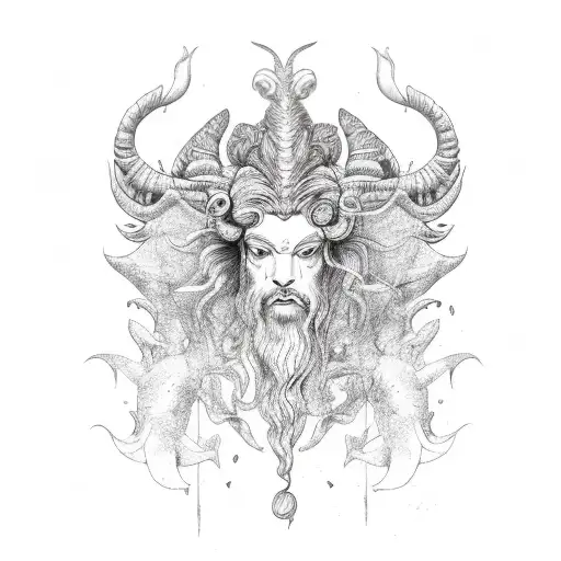 merman with aries ram head tattoo design idea