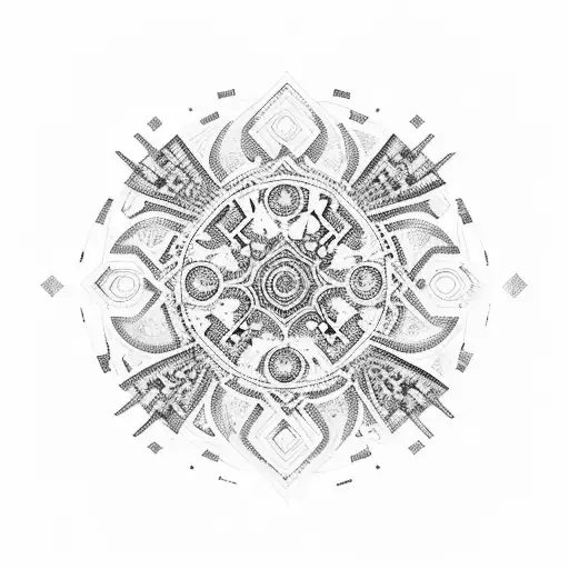 An intricate mosaic pattern inspired by Byzantine architecture, with hidden symbols related to Greek mythology tattoo design idea