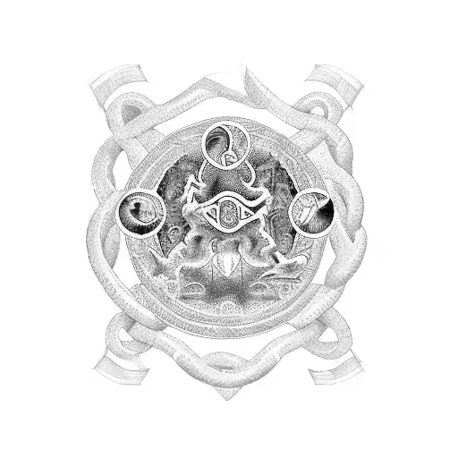 A sleeve tattoo depicting scenes from famous Greek myths, intertwined with Byzantine patterns and symbols tattoo design idea