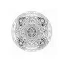 An intricate mosaic pattern inspired by Byzantine architecture, with hidden symbols related to Greek mythology tattoo design idea