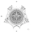 An intricate mosaic pattern inspired by Byzantine architecture, with hidden symbols related to Greek mythology tattoo design idea
