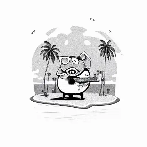A pig playing a ukulele on a tropical island, with palm trees in the background tattoo design idea