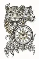 two clocks with leopard head tattoo design idea
