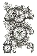 two clocks with leopard head tattoo design idea