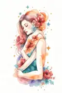 selflove, women hugging herself, universe background, flowers, stars, fineline tattoo design idea