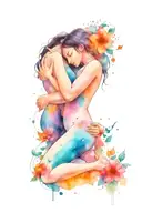 selflove, women hugging herself, universe background, flowers, stars, fineline tattoo design idea