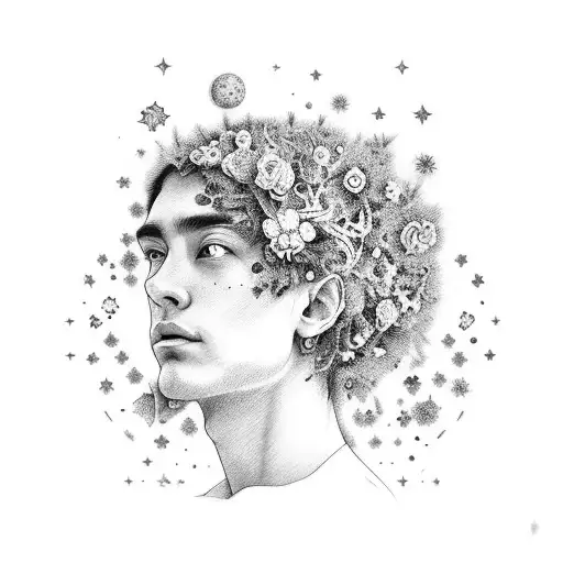 crea una imagen de dos personas mirando las estrellas sentadas en el pasto,  alrededor hongos magicos y flores, dentro d tattoo design idea