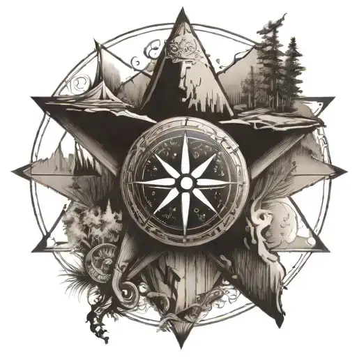A compass rose with camping and wild west symbols, like a cowboy hat and a campfire tattoo design idea