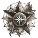A compass rose with camping and wild west symbols, like a cowboy hat and a campfire tattoo design idea