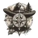 A compass rose with camping and wild west symbols, like a cowboy hat and a campfire tattoo design idea