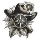 A compass rose with camping and wild west symbols, like a cowboy hat and a campfire tattoo design idea