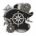 A compass rose with camping and wild west symbols, like a cowboy hat and a campfire tattoo design idea