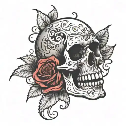 skull open in half and a rose above emerging from the middle tattoo design idea