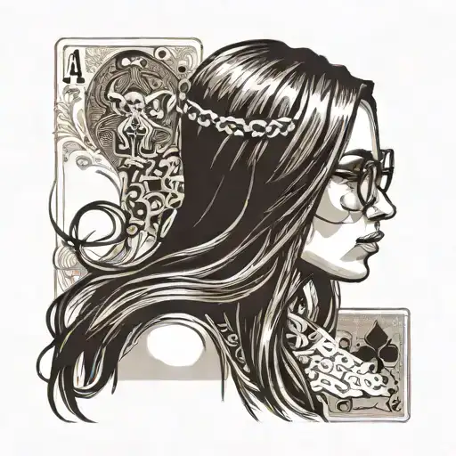 slender girl in profile, very long aquiline nose, glasses, long straight brown hair, thin lips, shy, ace of spades card tattoo design idea