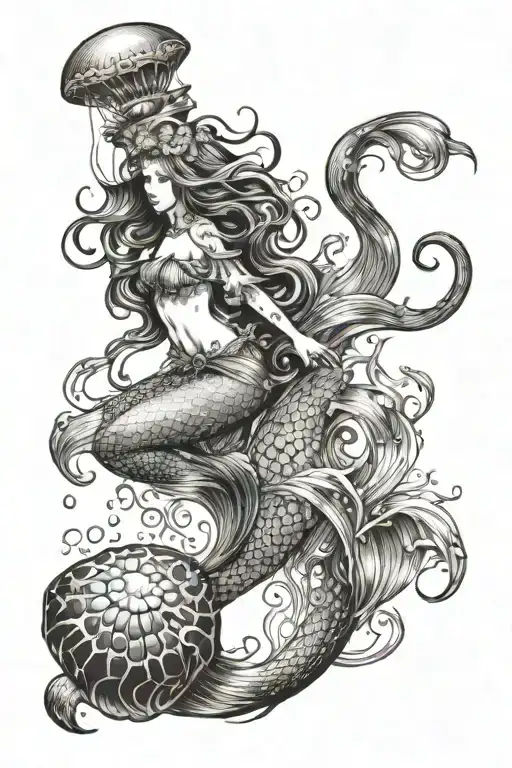 a mermaid and a jellyfish swimming around each other checking each other out.  tattoo design idea