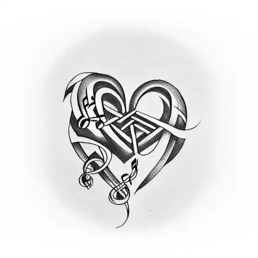 A unique tattoo design of a musical note intertwined with a heart and the word 'family' to symbolize the importance of music and loved ones in your life tattoo design idea