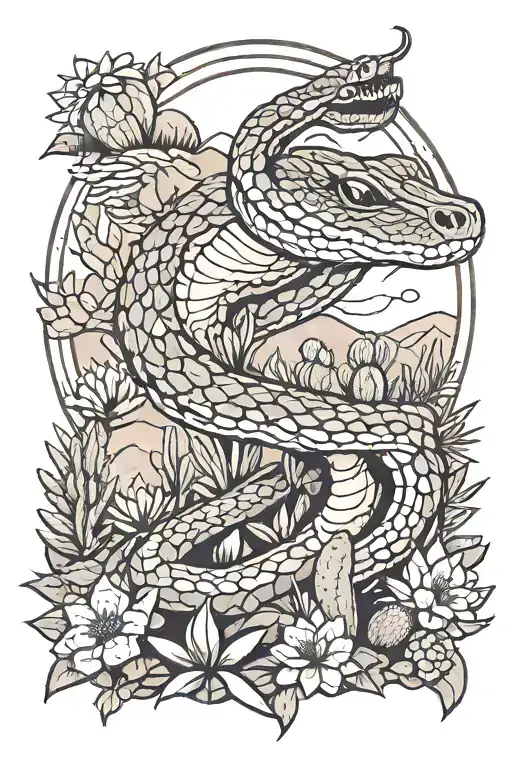rattlesnake in a desert landscape filled with cacti tattoo design idea