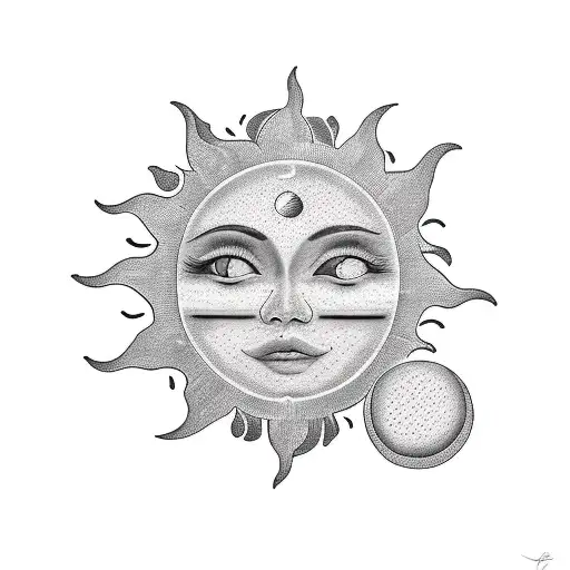 a sun with a male face and a moon with a female face tattoo design idea