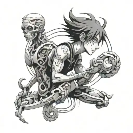 A fusion tattoo design combining elements of anime and body modification, with a character getting a tattoo or piercing done by Crona and Ragnarok in a surreal and abstract style tattoo design idea