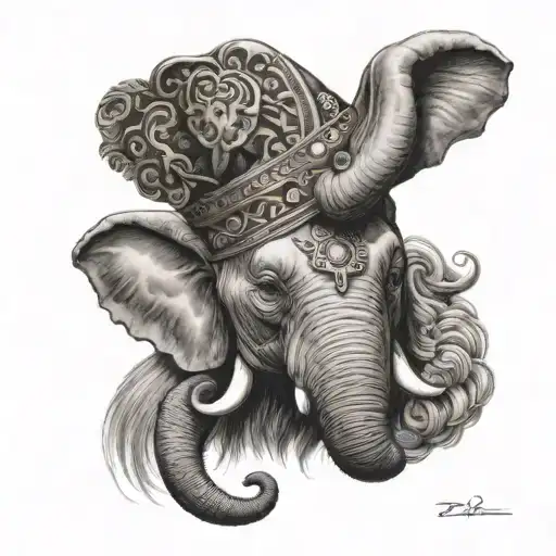 elephant head wearing a lions head as a hat tattoo design idea